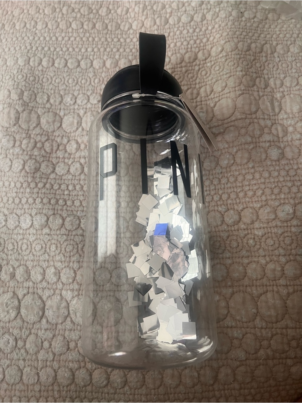 PINK Victoria's Secret Clear Water Bottle with Black Lid and Silver Confetti